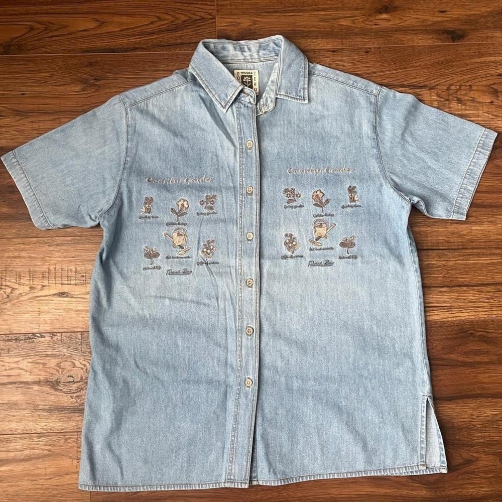 Vintage Denim Embroidered Country Button Collared Shirt Women S Cottagecore Boho - Picture 2 of 6